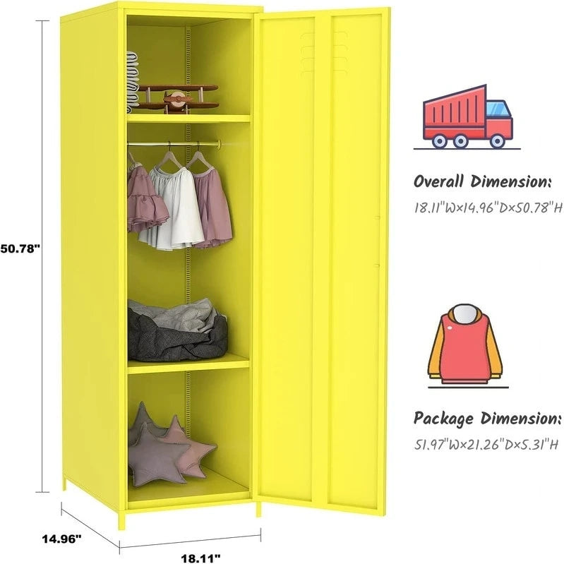 Armoire vestiaire en acier pour enfants, blanc/rouge/bleu/jaune, avec tringle, étagères et portes ventilées