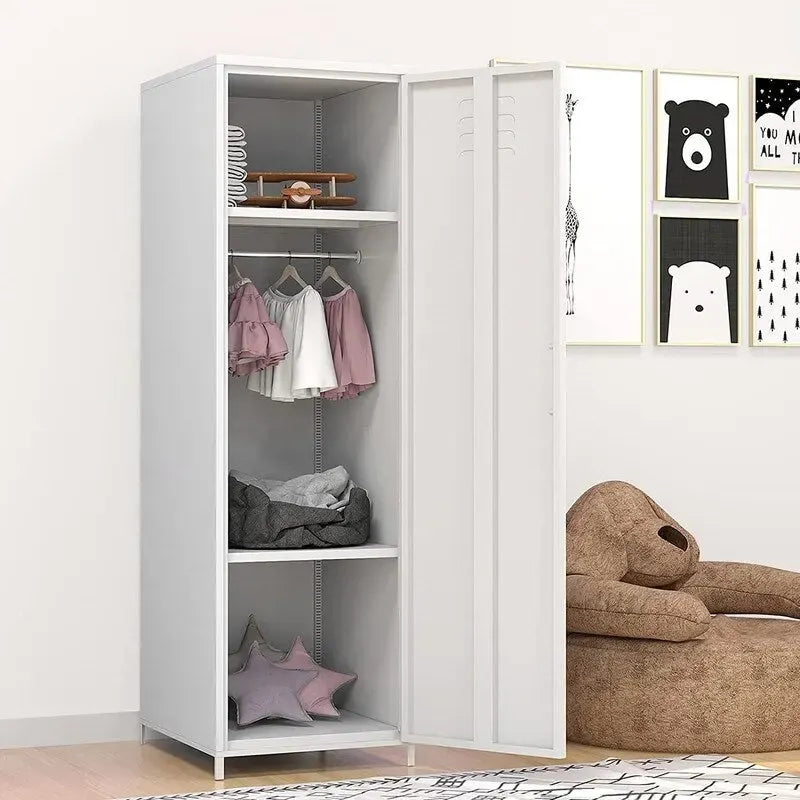 Armoire vestiaire en acier pour enfants, blanc/rouge/bleu/jaune, avec tringle, étagères et portes ventilées
