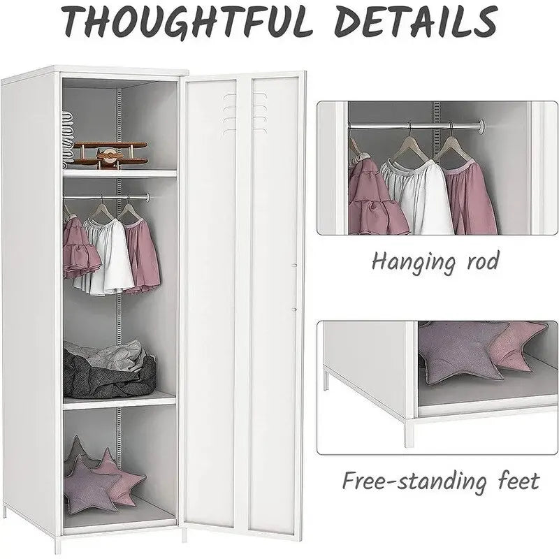 Armoire vestiaire en acier pour enfants, blanc/rouge/bleu/jaune, avec tringle, étagères et portes ventilées