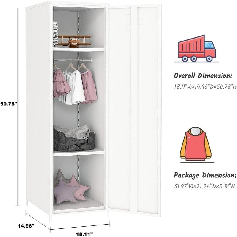 Armoire vestiaire en acier pour enfants, blanc/rouge/bleu/jaune, avec tringle, étagères et portes ventilées