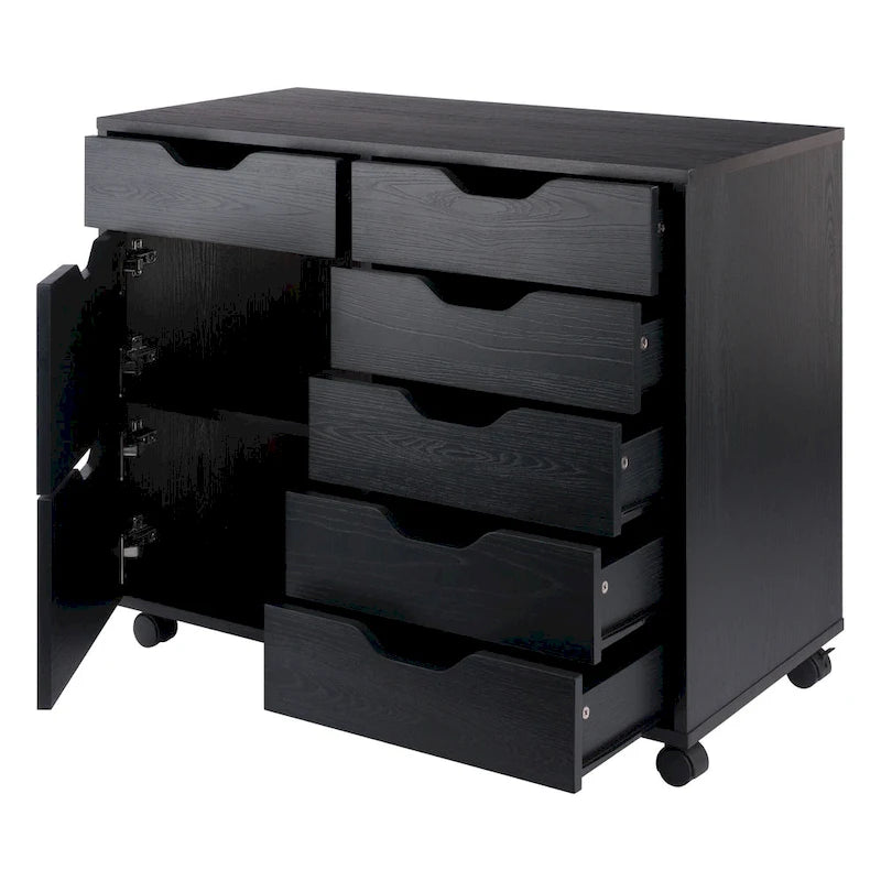 Meuble de rangement mobile à 6 tiroirs laqué noir avec 2 armoires et roulettes pivotantes verrouillables