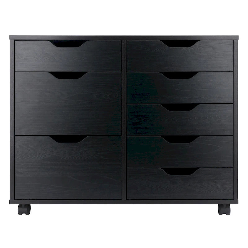 Meuble de rangement mobile à 6 tiroirs laqué noir avec 2 armoires et roulettes pivotantes verrouillables