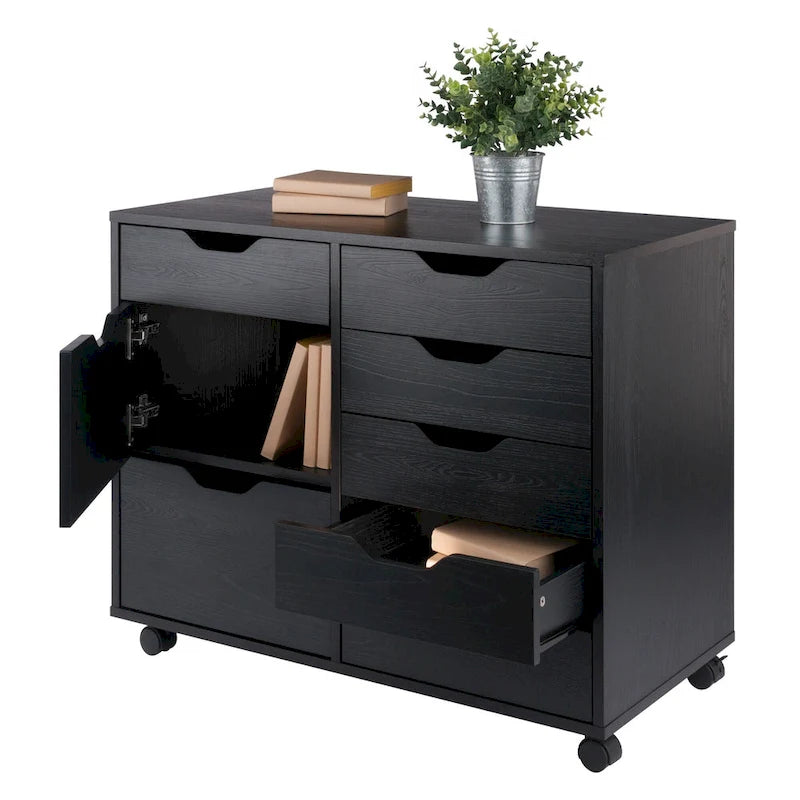 Meuble de rangement mobile à 6 tiroirs laqué noir avec 2 armoires et roulettes pivotantes verrouillables