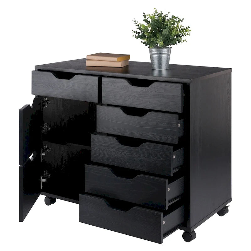 Meuble de rangement mobile à 6 tiroirs laqué noir avec 2 armoires et roulettes pivotantes verrouillables