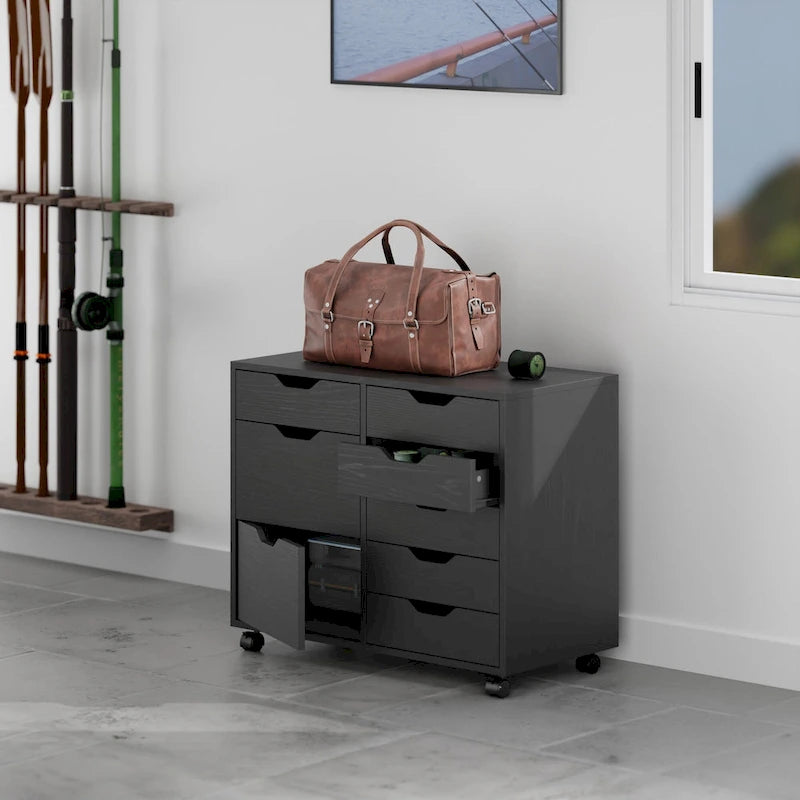 Meuble de rangement mobile à 6 tiroirs laqué noir avec 2 armoires et roulettes pivotantes verrouillables