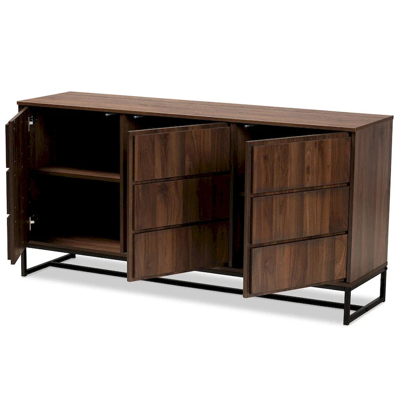 Vaisselier/buffet moderne 3 portes noyer et noir avec piètement en métal – 1 pièce