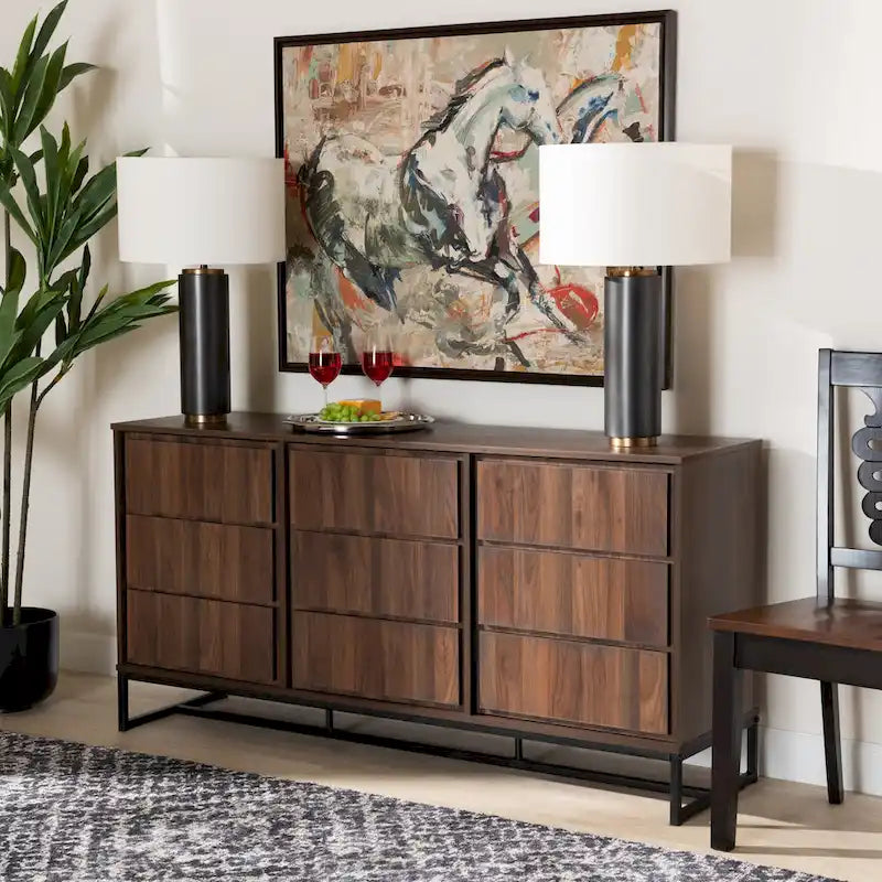 Vaisselier/buffet moderne 3 portes noyer et noir avec piètement en métal – 1 pièce