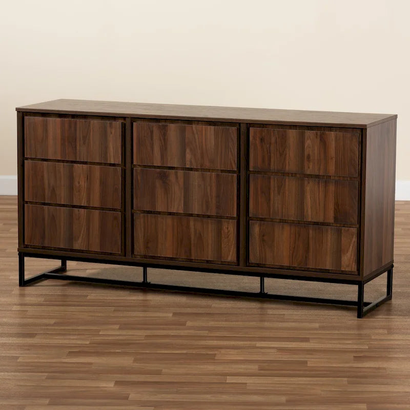 Vaisselier/buffet moderne 3 portes noyer et noir avec piètement en métal – 1 pièce
