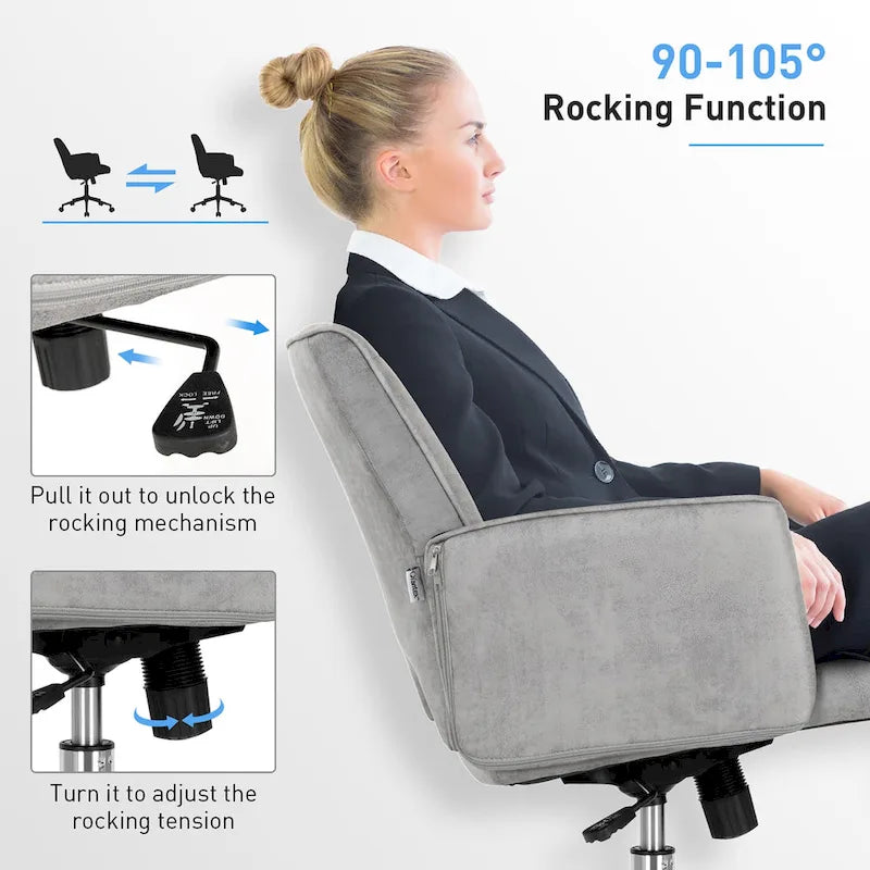 Chaise de bureau grise mi-hauteur en similicuir capitonné avec hauteur réglable et base à 5 roulettes