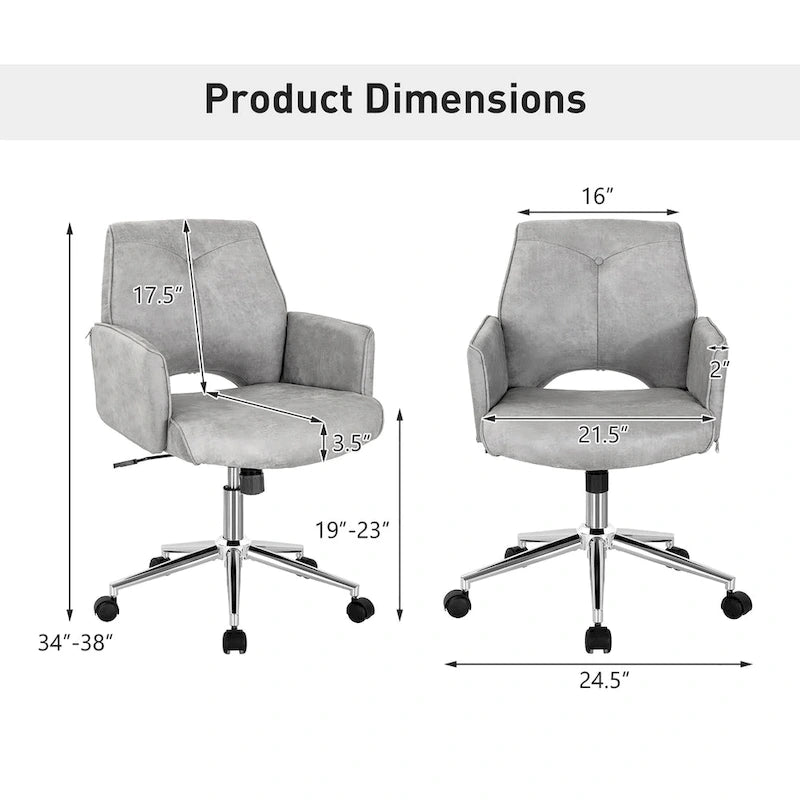 Chaise de bureau grise mi-hauteur en similicuir capitonné avec hauteur réglable et base à 5 roulettes