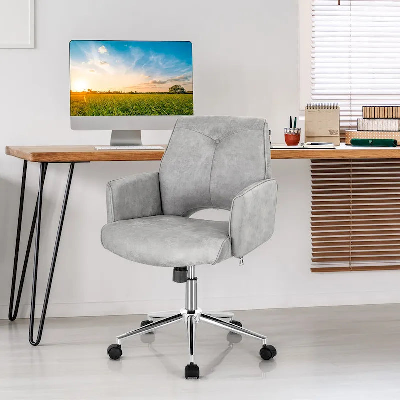 Chaise de bureau grise mi-hauteur en similicuir capitonné avec hauteur réglable et base à 5 roulettes