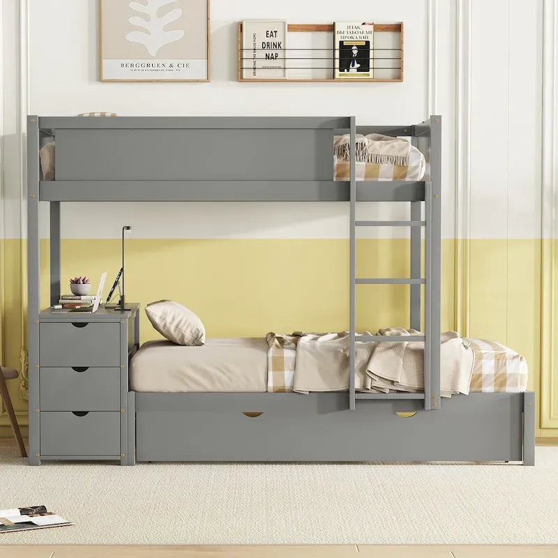Lit superposé jumeau gris avec lit gigogne jumeau, 3 tiroirs de rangement et bureau intégré – Pour 3 personnes
