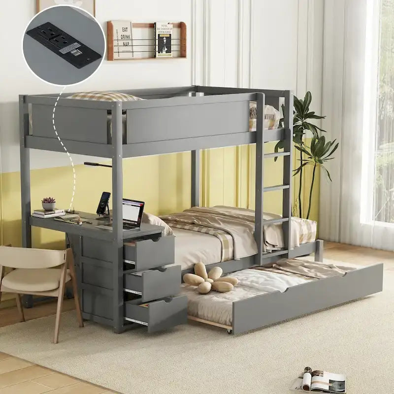 Lit superposé jumeau gris avec lit gigogne jumeau, 3 tiroirs de rangement et bureau intégré – Pour 3 personnes