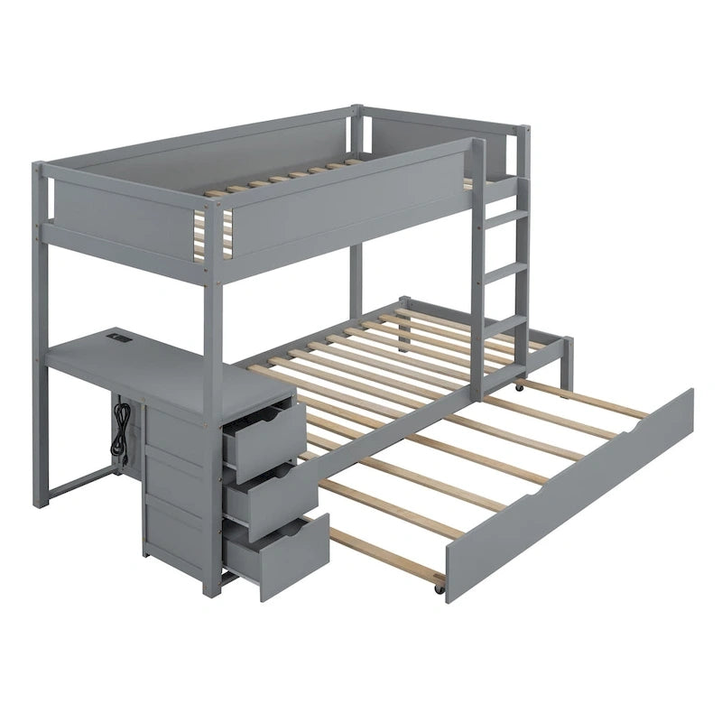 Lit superposé jumeau gris avec lit gigogne jumeau, 3 tiroirs de rangement et bureau intégré – Pour 3 personnes