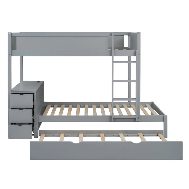 Lit superposé jumeau gris avec lit gigogne jumeau, 3 tiroirs de rangement et bureau intégré – Pour 3 personnes
