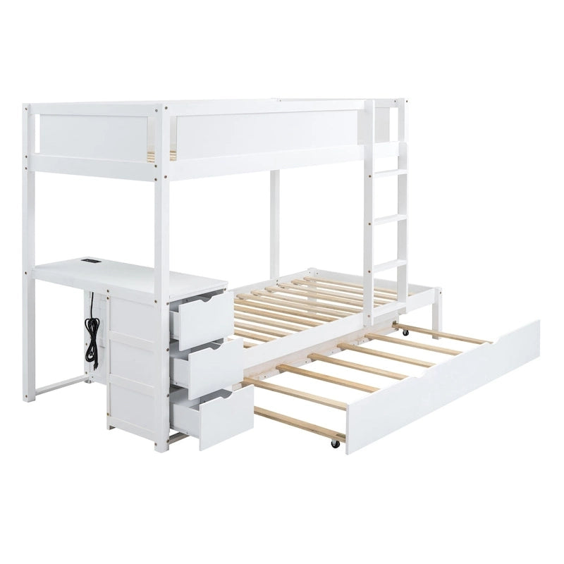 Lit superposé jumeau gris avec lit gigogne jumeau, 3 tiroirs de rangement et bureau intégré – Pour 3 personnes