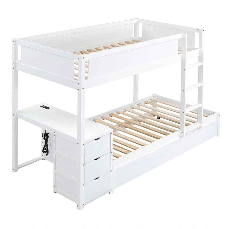 Lit superposé jumeau gris avec lit gigogne jumeau, 3 tiroirs de rangement et bureau intégré – Pour 3 personnes