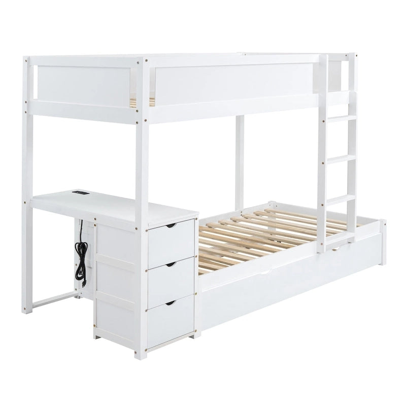 Lit superposé jumeau gris avec lit gigogne jumeau, 3 tiroirs de rangement et bureau intégré – Pour 3 personnes
