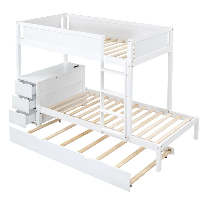 Lit superposé jumeau gris avec lit gigogne jumeau, 3 tiroirs de rangement et bureau intégré – Pour 3 personnes
