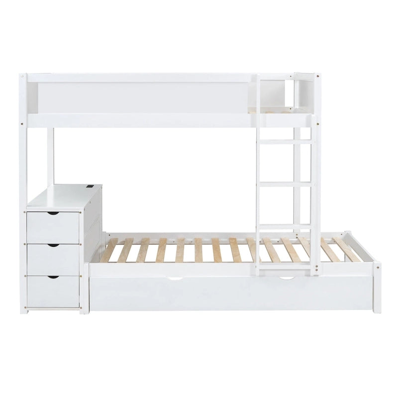 Lit superposé jumeau gris avec lit gigogne jumeau, 3 tiroirs de rangement et bureau intégré – Pour 3 personnes
