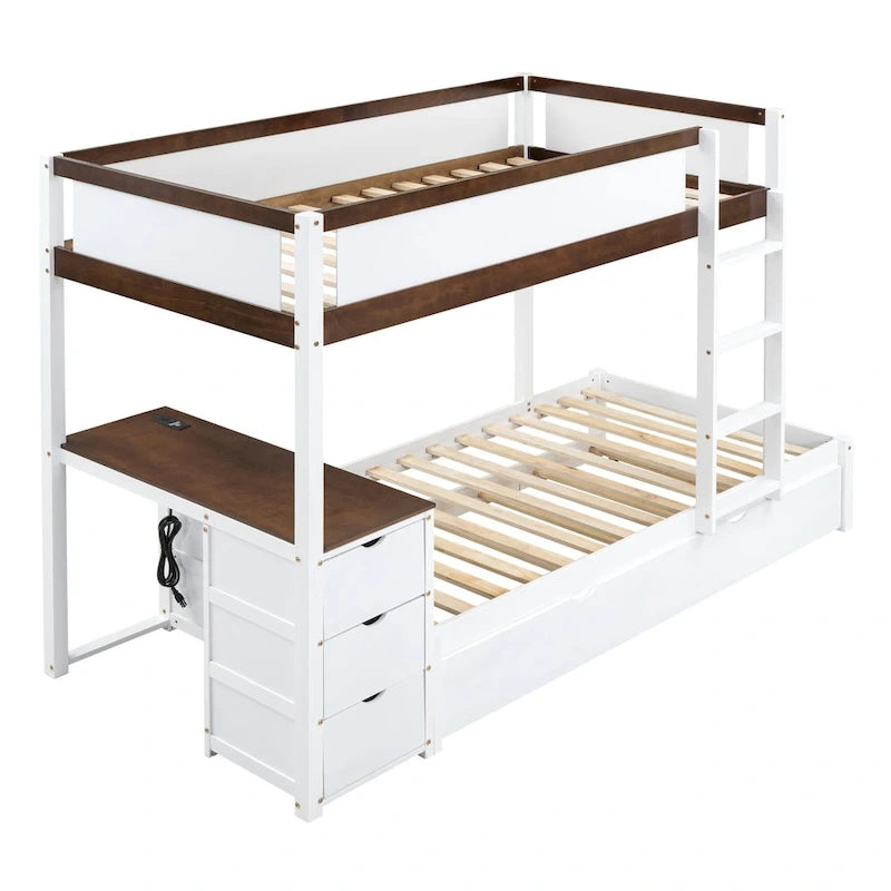 Lit superposé jumeau gris avec lit gigogne jumeau, 3 tiroirs de rangement et bureau intégré – Pour 3 personnes