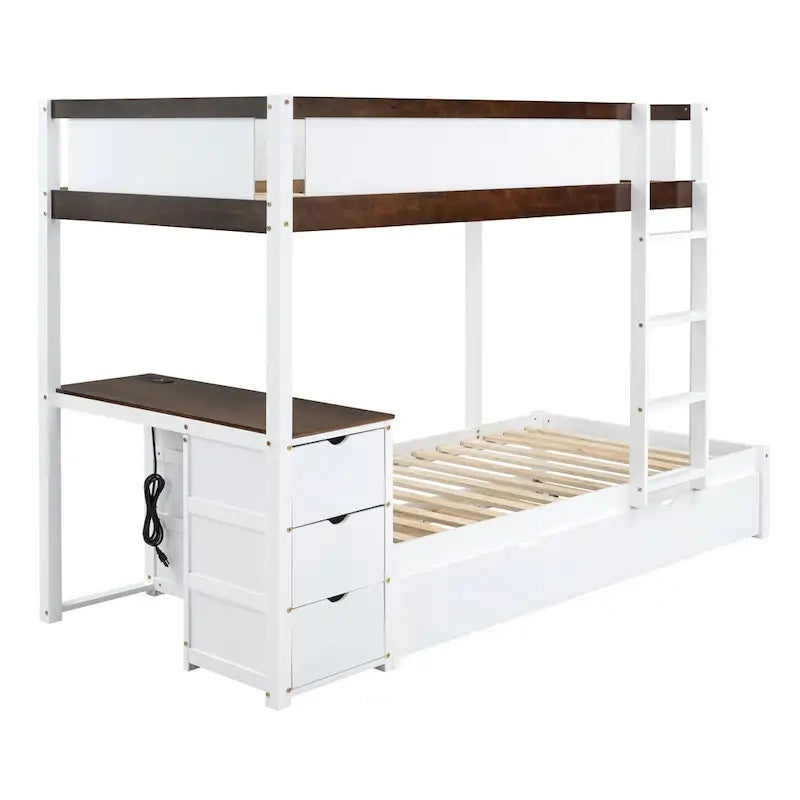Lit superposé jumeau gris avec lit gigogne jumeau, 3 tiroirs de rangement et bureau intégré – Pour 3 personnes