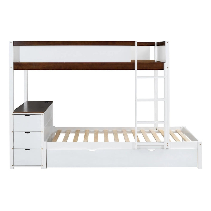 Lit superposé jumeau gris avec lit gigogne jumeau, 3 tiroirs de rangement et bureau intégré – Pour 3 personnes