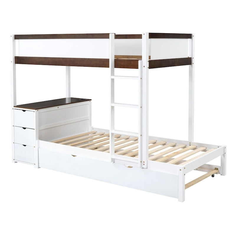 Lit superposé jumeau gris avec lit gigogne jumeau, 3 tiroirs de rangement et bureau intégré – Pour 3 personnes