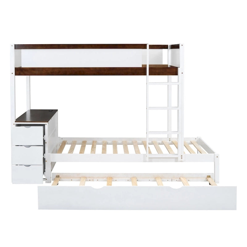 Lit superposé jumeau gris avec lit gigogne jumeau, 3 tiroirs de rangement et bureau intégré – Pour 3 personnes