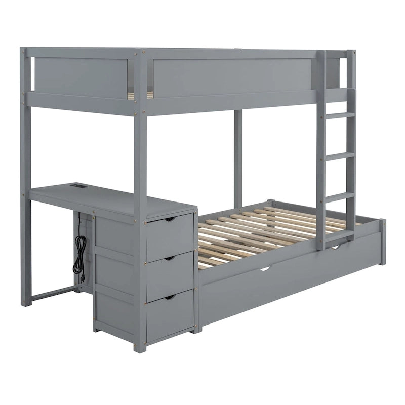 Lit superposé jumeau gris avec lit gigogne jumeau, 3 tiroirs de rangement et bureau intégré – Pour 3 personnes