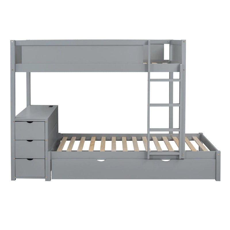 Lit superposé jumeau gris avec lit gigogne jumeau, 3 tiroirs de rangement et bureau intégré – Pour 3 personnes