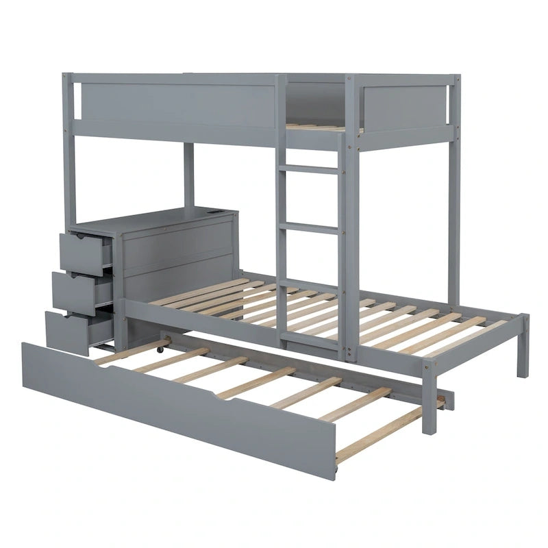 Lit superposé jumeau gris avec lit gigogne jumeau, 3 tiroirs de rangement et bureau intégré – Pour 3 personnes