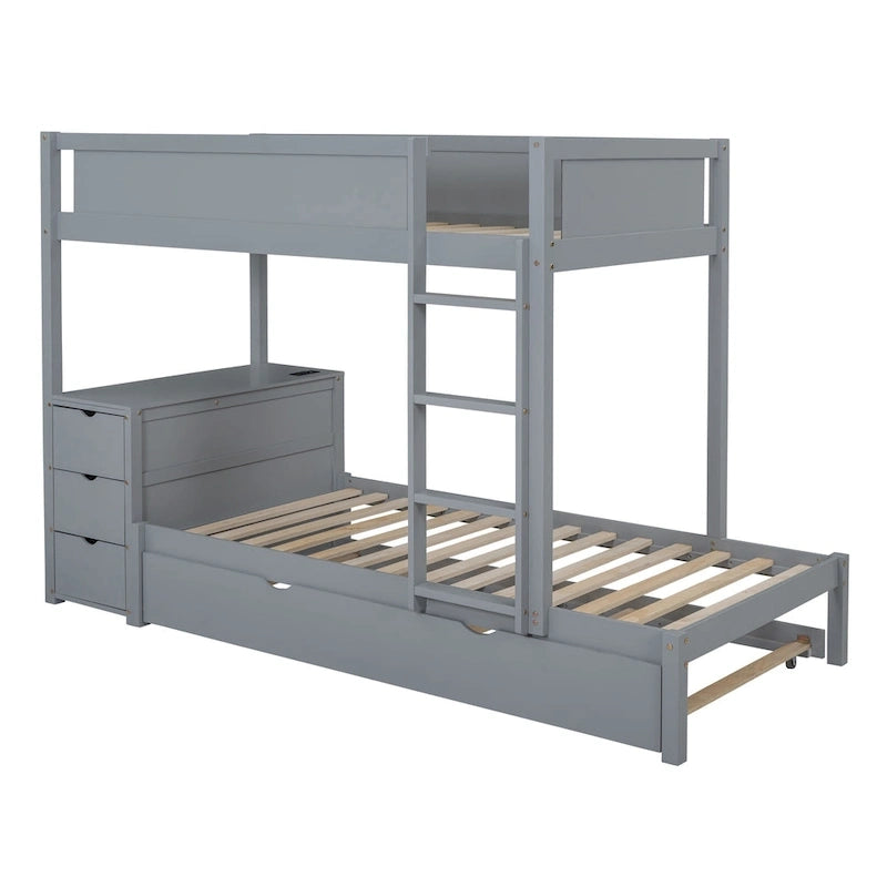Lit superposé jumeau gris avec lit gigogne jumeau, 3 tiroirs de rangement et bureau intégré – Pour 3 personnes