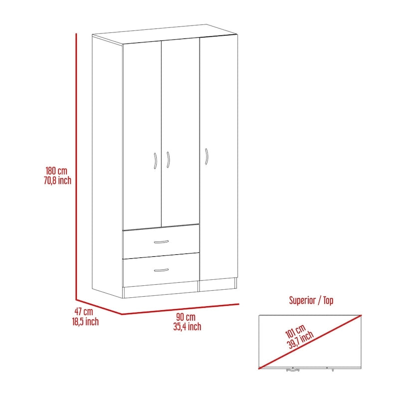 Armoire 3 portes chêne noir/fumé et blanc avec tiroirs, étagères et penderie – 1 pièce