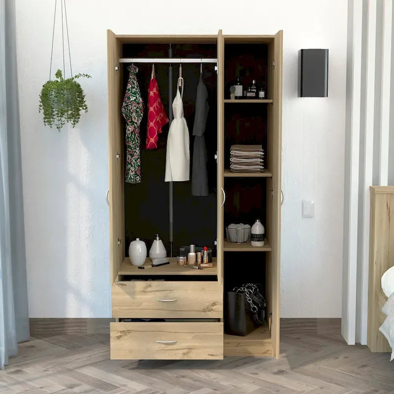Armoire 3 portes chêne noir/fumé et blanc avec tiroirs, étagères et penderie – 1 pièce