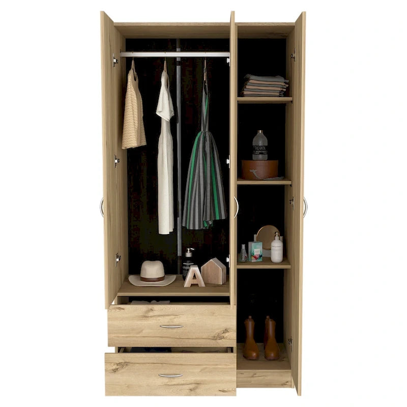 Armoire 3 portes chêne noir/fumé et blanc avec tiroirs, étagères et penderie – 1 pièce