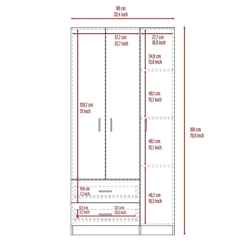 Armoire 3 portes chêne noir/fumé et blanc avec tiroirs, étagères et penderie – 1 pièce