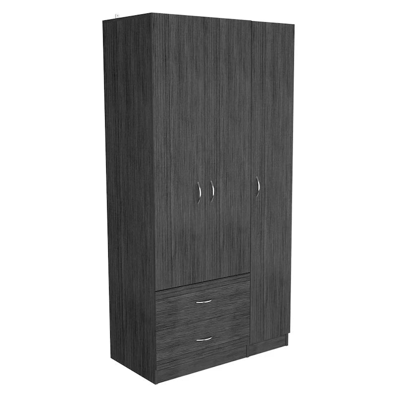 Armoire 3 portes chêne noir/fumé et blanc avec tiroirs, étagères et penderie – 1 pièce