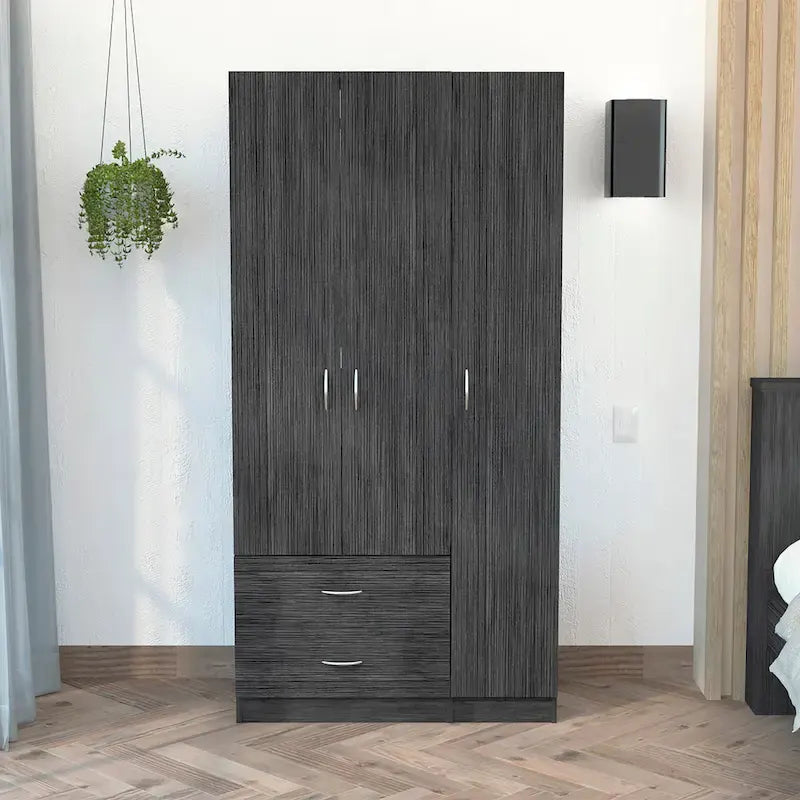Armoire 3 portes chêne noir/fumé et blanc avec tiroirs, étagères et penderie – 1 pièce