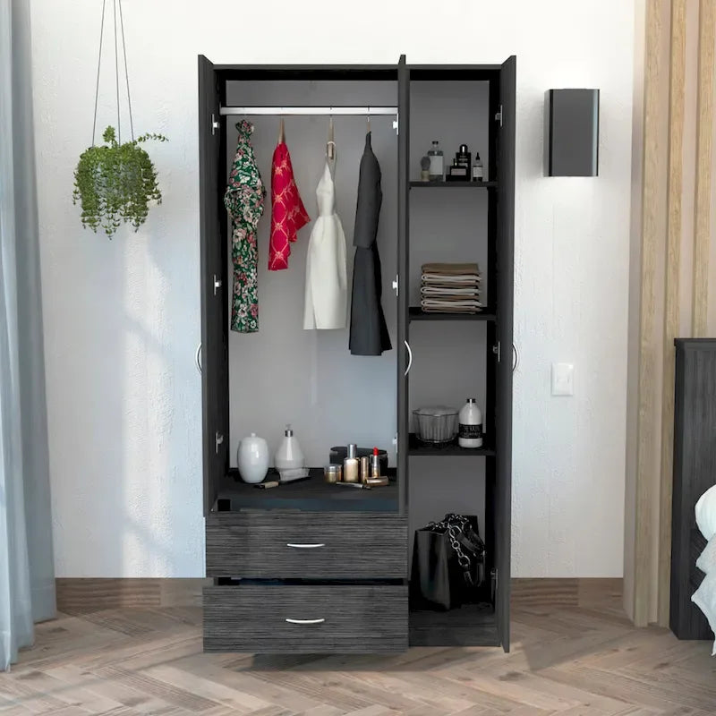 Armoire 3 portes chêne noir/fumé et blanc avec tiroirs, étagères et penderie – 1 pièce
