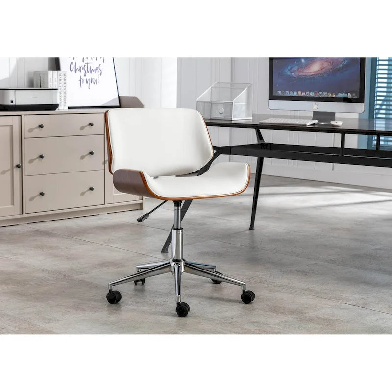 Chaise de bureau pivotante mi-siècle en similicuir noir/blanc/marron avec hauteur réglable et roulettes