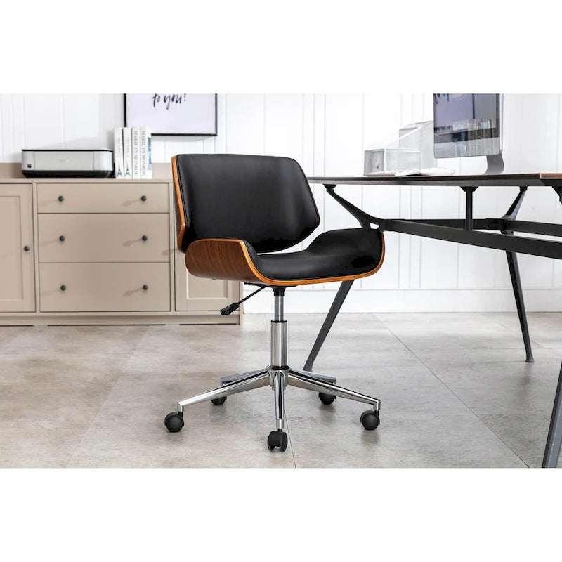 Chaise de bureau pivotante mi-siècle en similicuir noir/blanc/marron avec hauteur réglable et roulettes