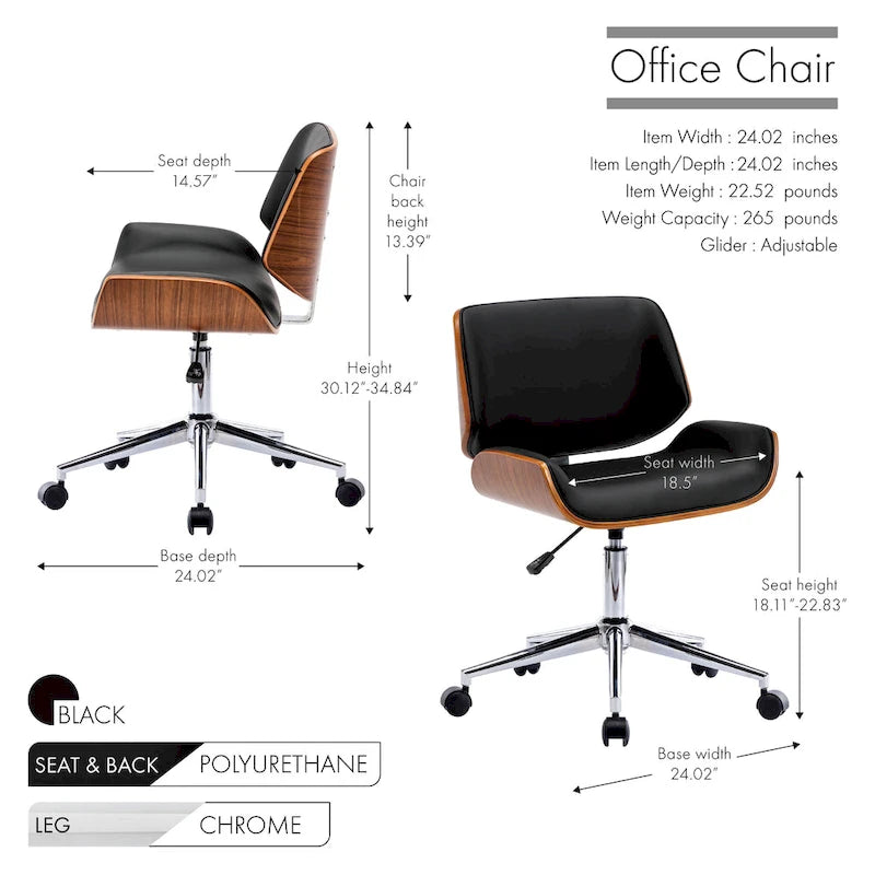 Chaise de bureau pivotante mi-siècle en similicuir noir/blanc/marron avec hauteur réglable et roulettes