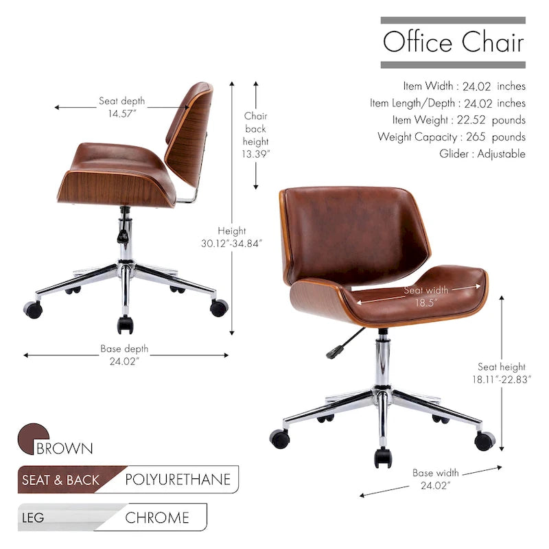Chaise de bureau pivotante mi-siècle en similicuir noir/blanc/marron avec hauteur réglable et roulettes