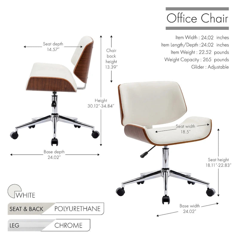 Chaise de bureau pivotante mi-siècle en similicuir noir/blanc/marron avec hauteur réglable et roulettes