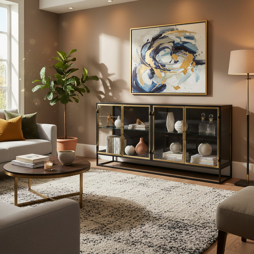 Brynlee 72 Gunmetal and Brass Finished Iron and Glass 4-Door Sideboard