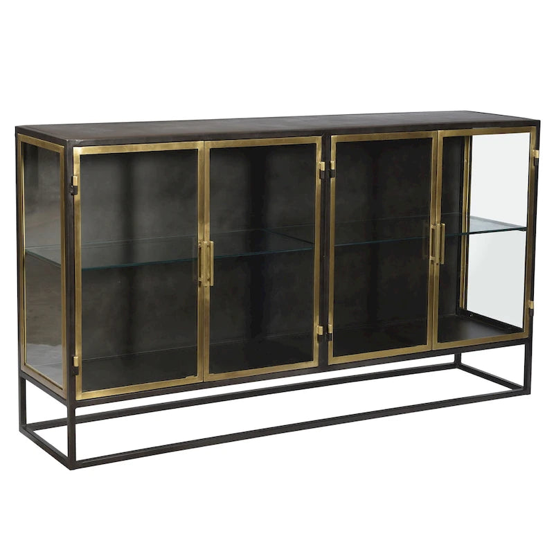 Buffet 4 portes en fer et verre, noir canon de fusil et laiton antique – 1 pièce