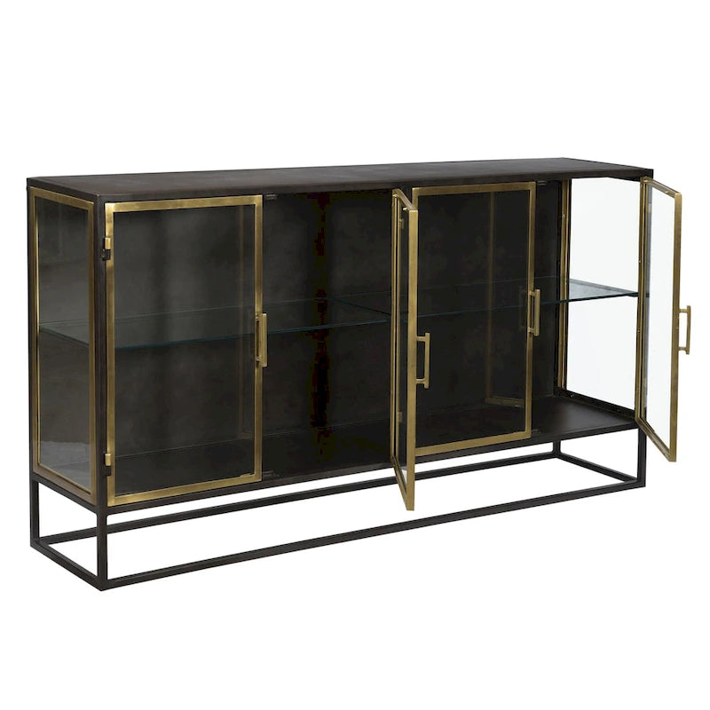 Buffet 4 portes en fer et verre, noir canon de fusil et laiton antique – 1 pièce