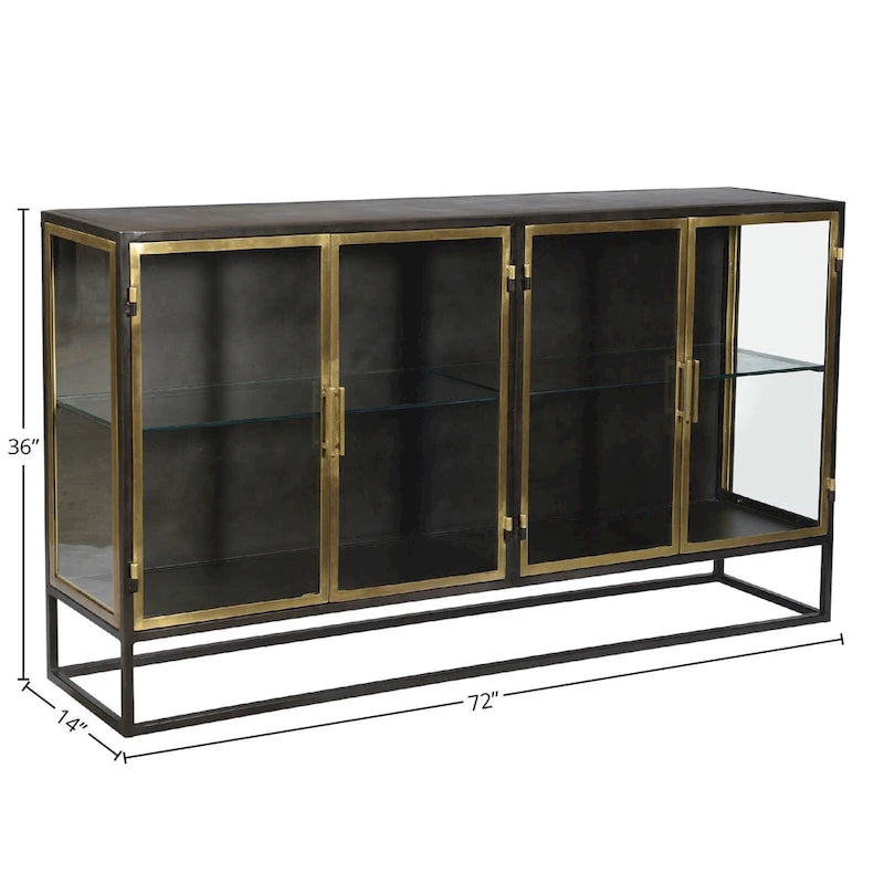 Buffet 4 portes en fer et verre, noir canon de fusil et laiton antique – 1 pièce