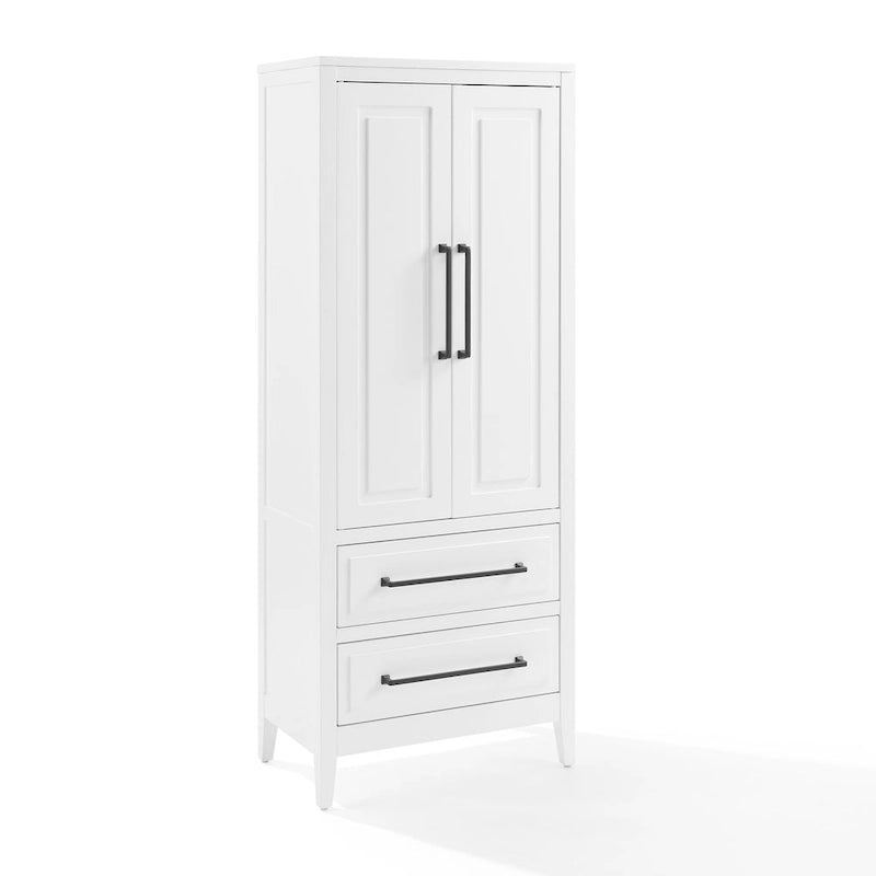 Meuble de rangement autoportant blanc avec étagères réglables, 2 tiroirs et gestion des câbles – 1 pièce